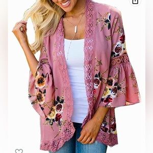 Women’s 3/4 Flare Sleeve Floral‎ Print Casual Kimono Cardigan Blouse Top